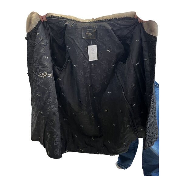 Vintage 1950s Persian Lamb Wool Swing Coat W/ Gray Mink Collar Satin Brocade Lin - Picture 4 of 10